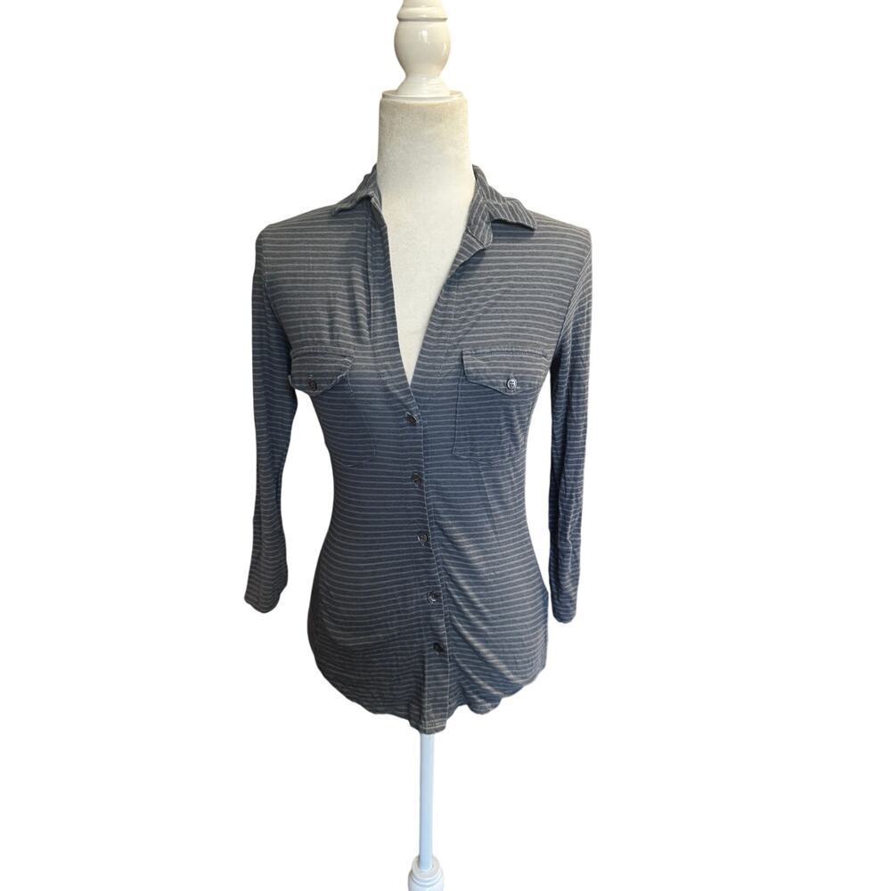 James Perse Gray Striped Button Front Shirt Lightweight Cotton Size 0/XS